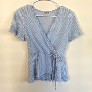 CAUTION TO THE WIND blue/white striped top with tie waist